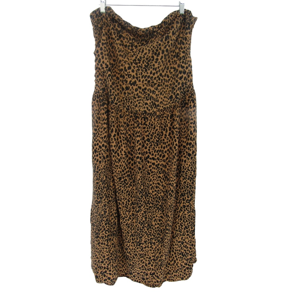 Brown Leopard Print Linen Strapless Midi Dress XL Casual Safari Animal Boho Chic